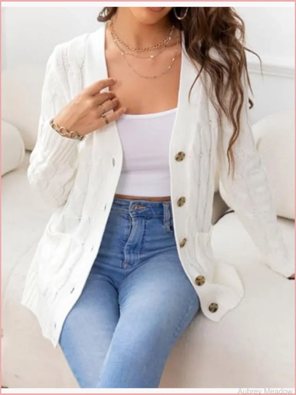Women's Cardigan Sweater Open Front Cable Knit Button Down Casual